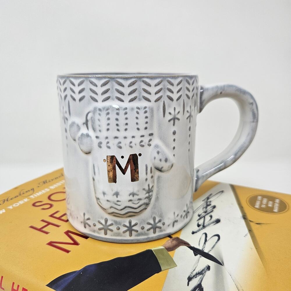 Anthropologie cup Snowcap Monogram Stocking “M” Mug Christmas